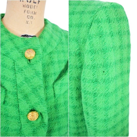 Vintage 1960s Suit Jacket Green Pane Plaid Gold Buttons Wool Blend | W 37" - Picture 4 of 5